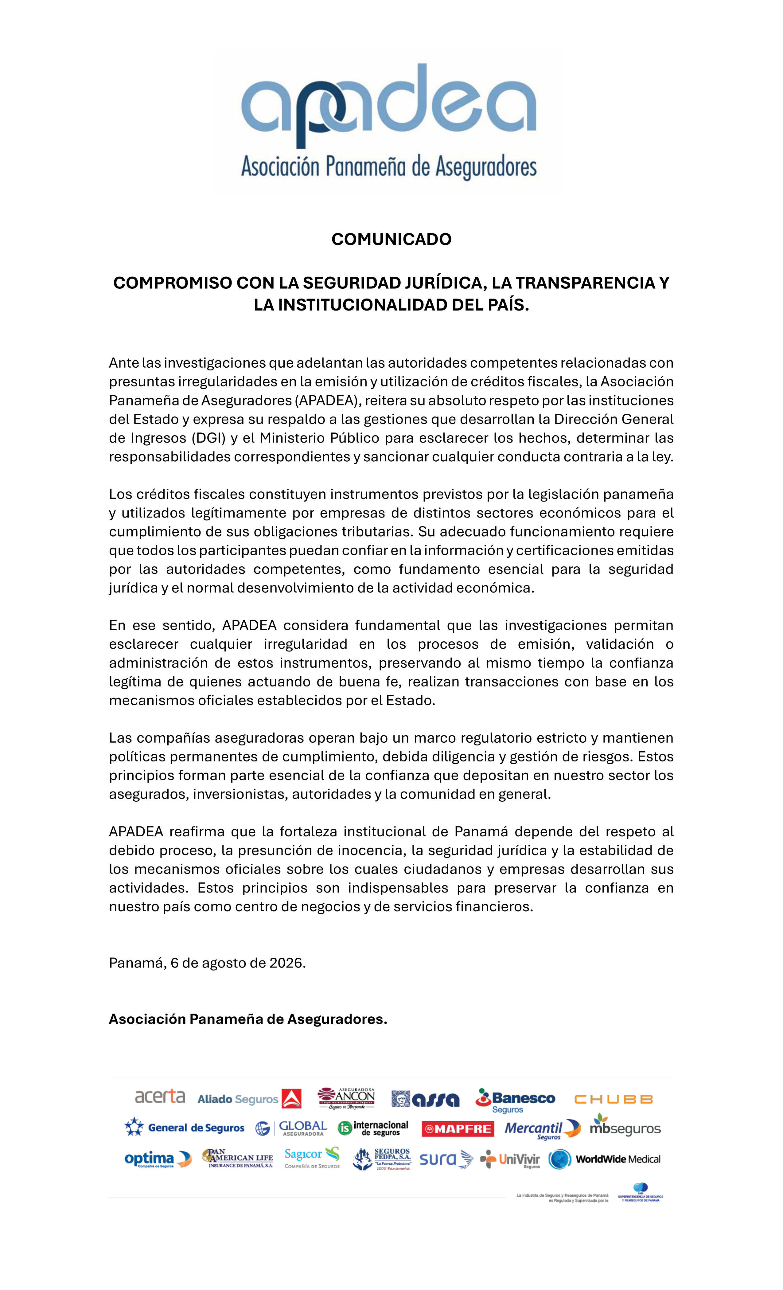 COMUNICADO APADEA - COMPROMISO CON LA SEGURIDAD JURÍDICA, LA TRANSPARENCIA Y LA INSTITUCIONALIDAD DEL PAÍS