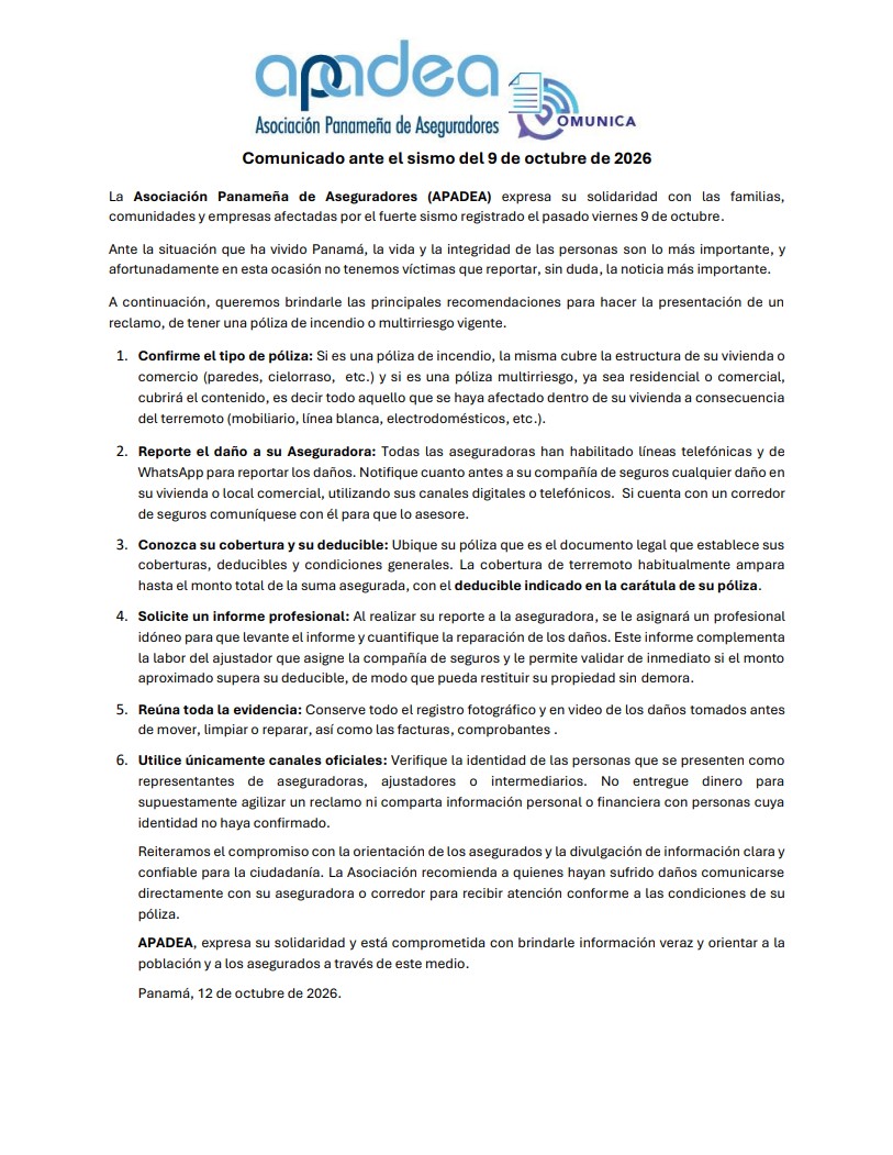 Comunicado ante el sismo del 9 de octubre de 2026